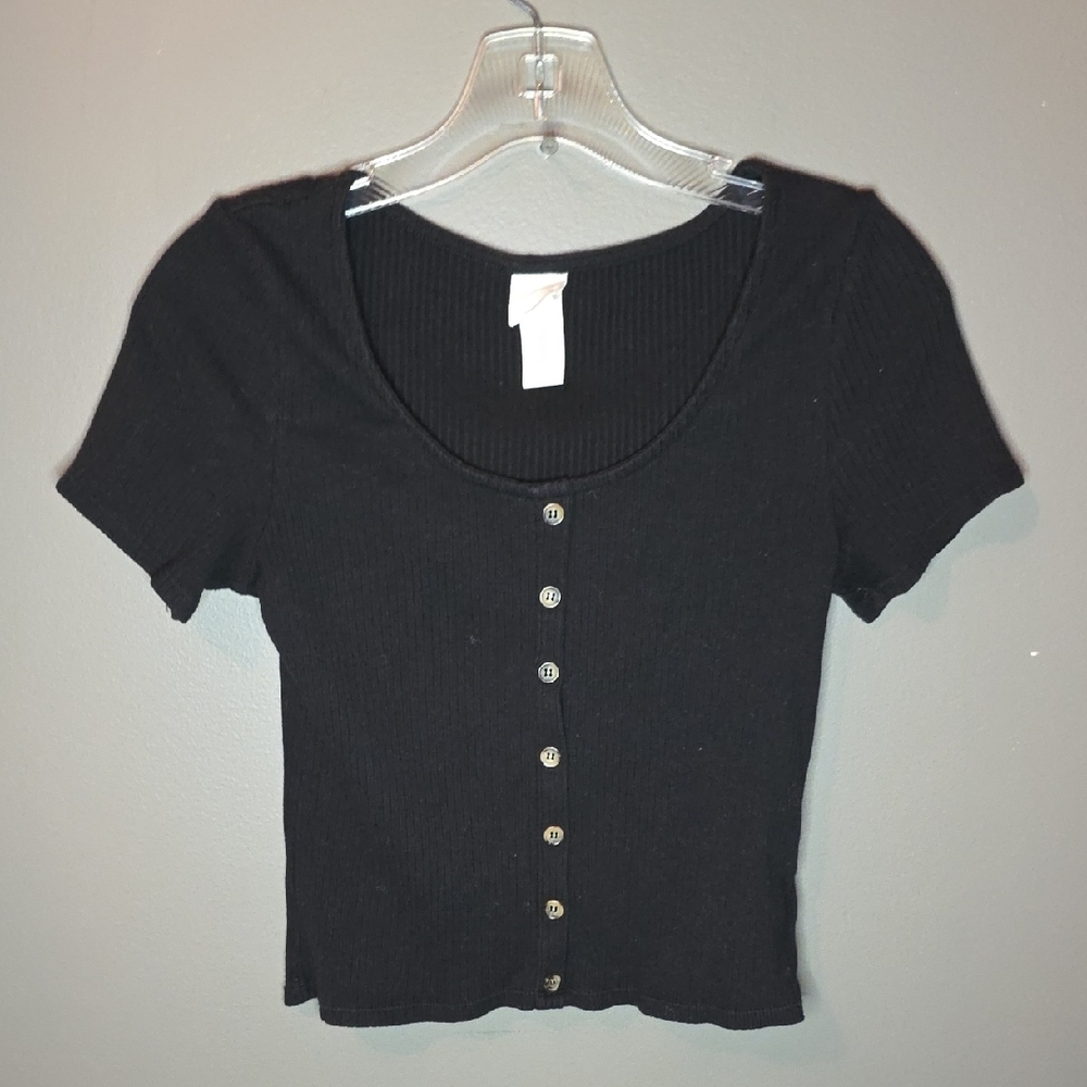 H&M Black Ribbed Button-Down Top